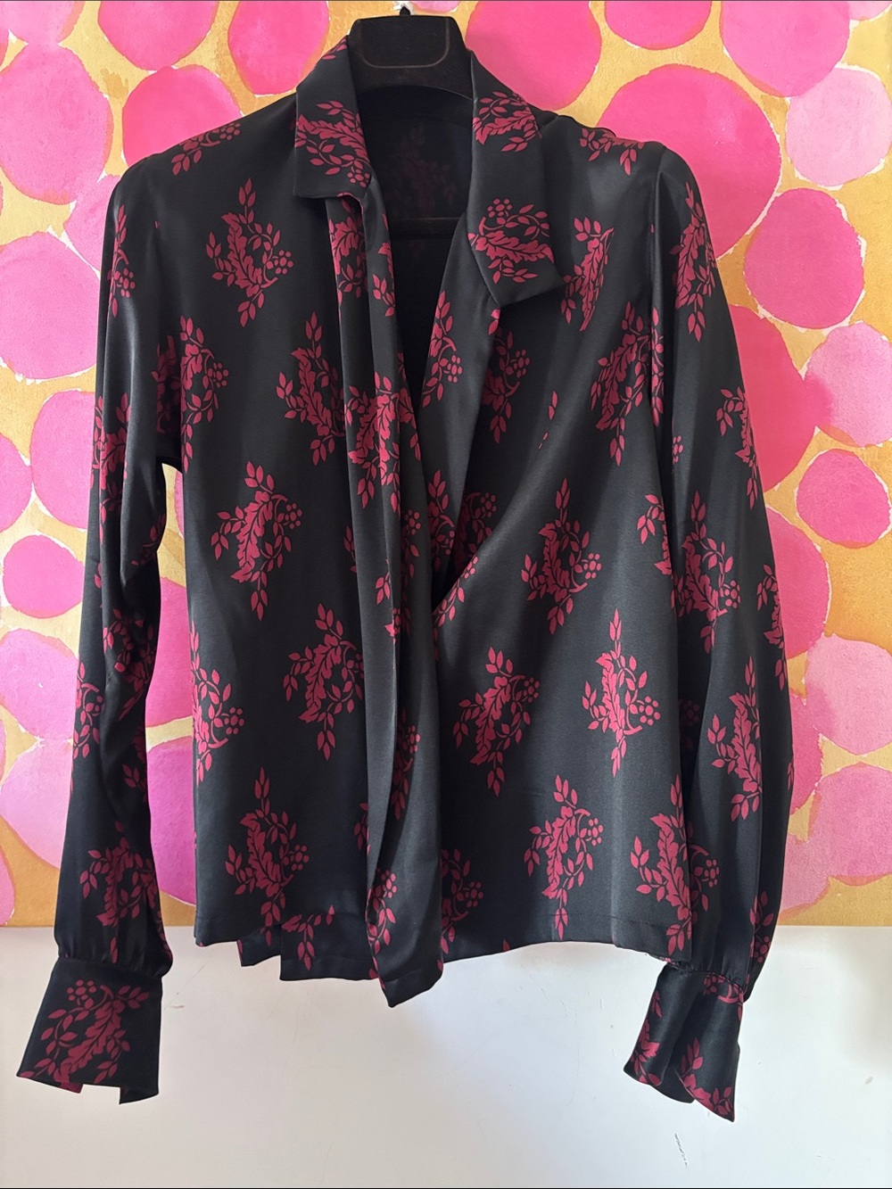 Black & Burgundy Floral Tie-Neck Blouse